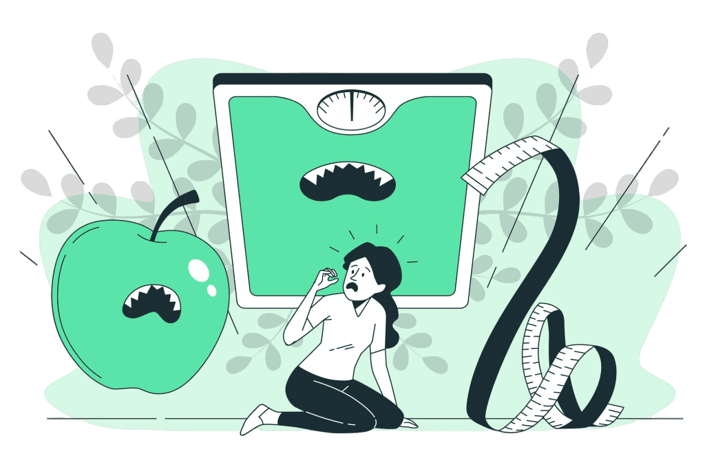 Illustration d'une femme confrontée à une balance intimidante, représentant les défis de l'anorexie et l'importance de solutions adaptées en Eure-et-Loir.