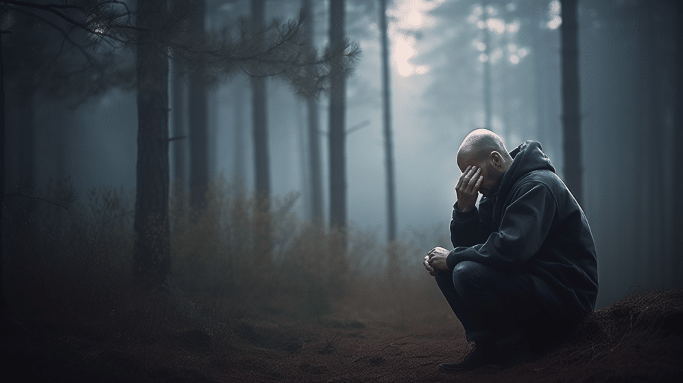 Mand der sidder i skoven og tænker over at slippe for sin afhængighed