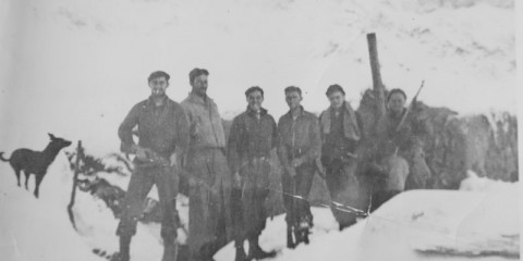 De gauche à droite : Herko, Winston H. Barrett, Lawrence Giovinco, Nick, Jack et Cecil W. Bender au col des Fourches.