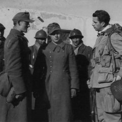 Maj. William P. Yarborough with French soldiers talking to Germans POW. Yarborough is wearing the french fourragère of the 3rd Zouave.