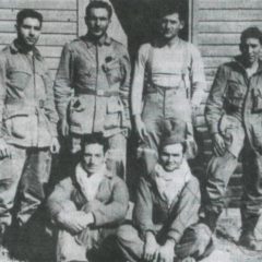 Survivors of the El Djem mission pose after their return to Allied lines. From left to right (standing) : Pvt. Ronald Rondeau, Sgt. John Peters, Lt. Dan DeLeo and Pvt. Frank Romero. Seated : French Army 1/Sgt. Jean Guilhenjouan and Cpl. Paul Vullierme. (John Thompson)