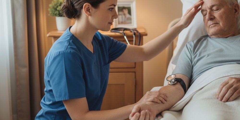 Nurse monitoring an elderly man’s pulse