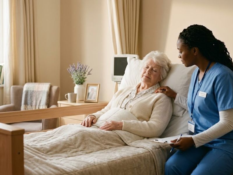 Nurse providing compassionate end-of-life care to an elderly woman