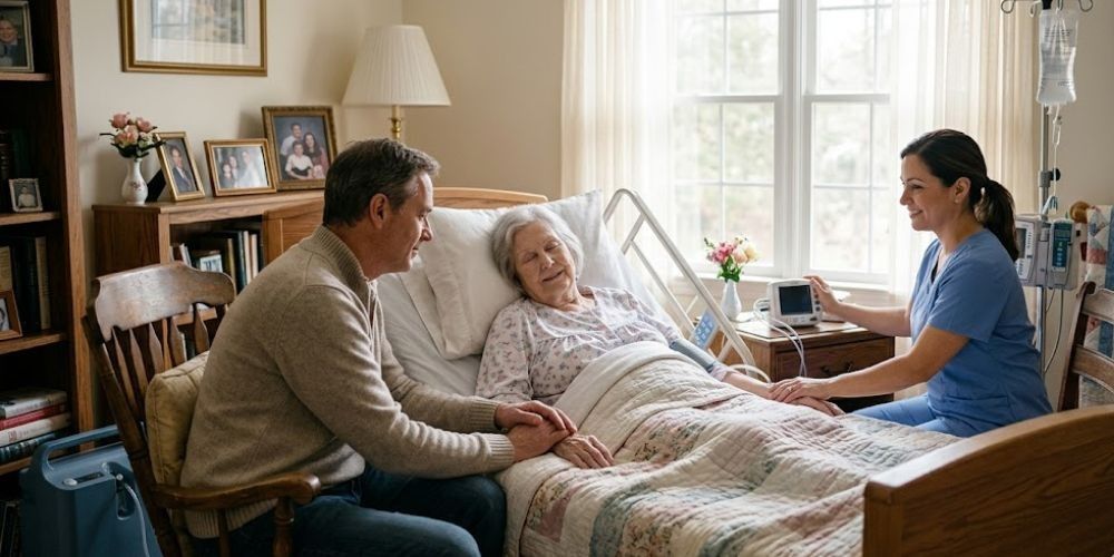 Elderly woman in bed with a man holding her hand and a smiling nurse