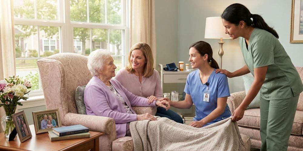 Elderly woman in chair with family and nurses covering her with a blanket
