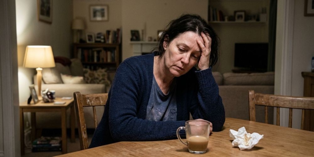 Tired person sitting at a table with mug and tissues
