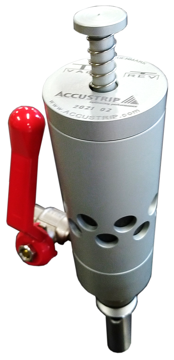 Accustrip ARC 200 Close-up image of the Accustrip Reversible Cleaner ARC-200, featuring a robust metallic body with ventilation holes, a spring-loaded mechanism at the top, and a red ball valve for precise control. The compact and durable design highlights its industrial-grade functionality.