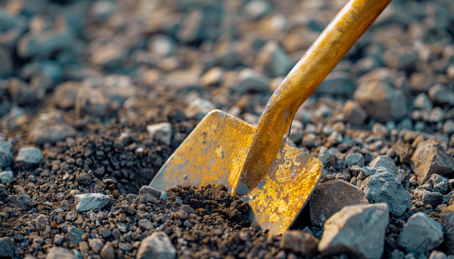 Spade som spraymålats med guldfärg nedstucken i grushög.