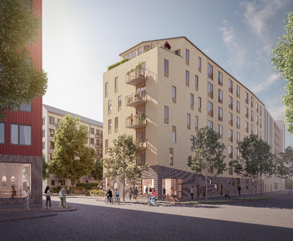 Illustration från Winell & Jern arkitekter som visar Studentbostäder i Linköping AB:s nya bostadshus.