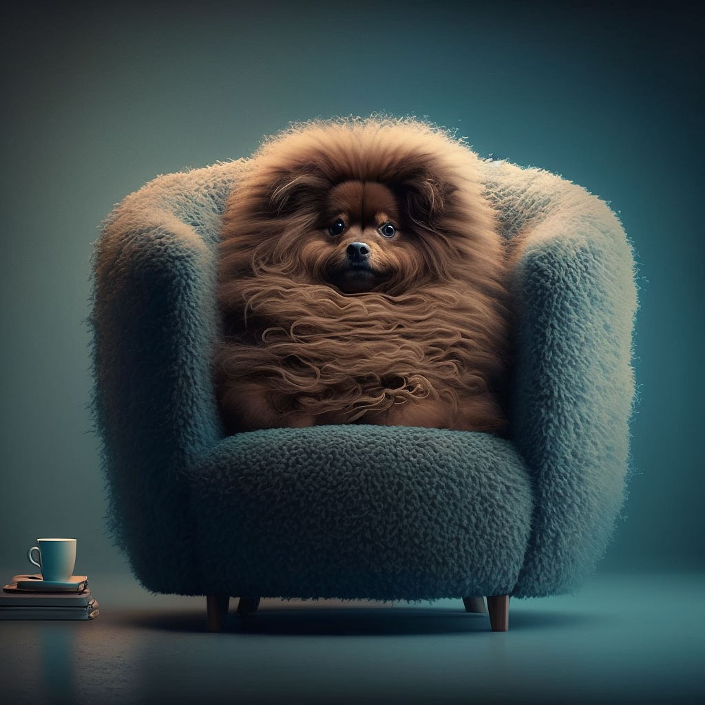 A fluffy brown dog sitting in a chair