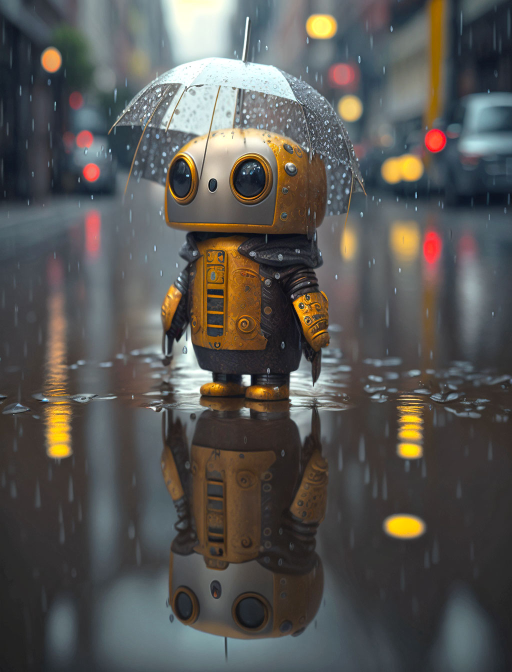 litte robot lost in the big rainy city
