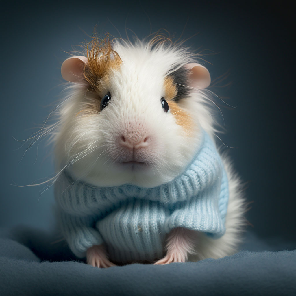 Guinea pig in a light blue knitted sweater