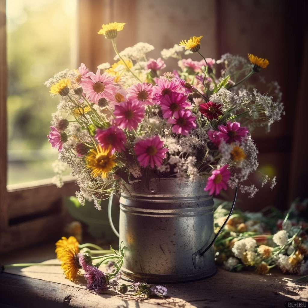 Flower Bouquet in an Old Milk Can