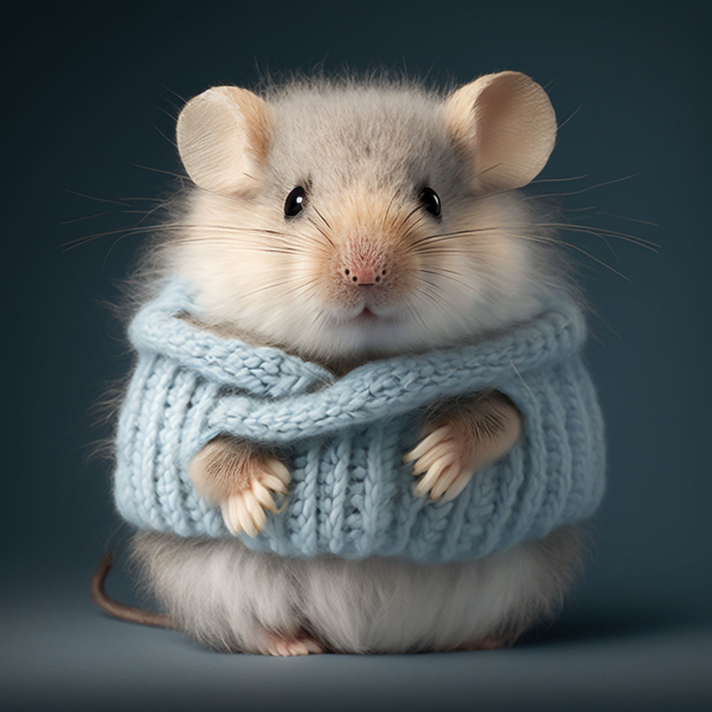 mouse in a light blue knitted sweater