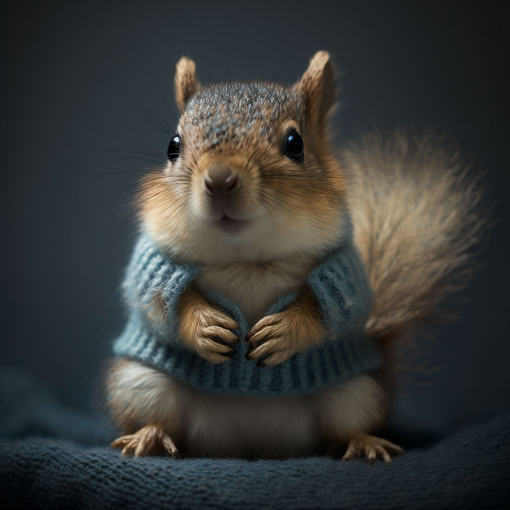 squirrel in a light blue knitted sweater