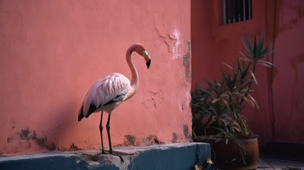 Flamingo near a wall