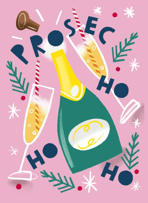 Prosec-ho-ho-ho: Illustrated greetings card. Licenced by Scribbler ©Aimee Stevens