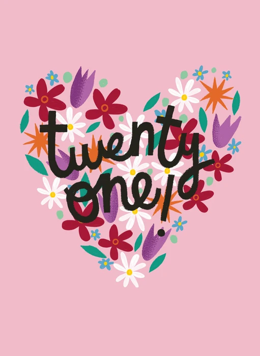 Twenty one! Floral flower heart: Illustrated greetings card. Licenced by Funky Pigeon ©Aimee Stevens