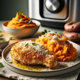 Her er et billede, der passer til opskriften på bagt kylling parmesan med sød kartoffelmos tilberedt i en airfryer.