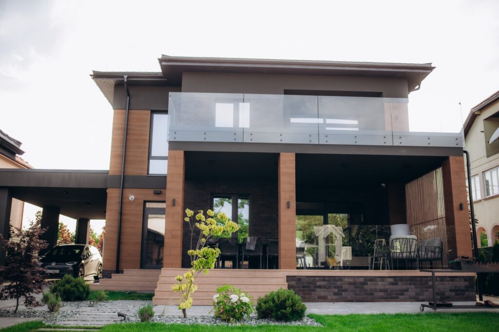 Front view of modern designed concrete residential house in western Norway.