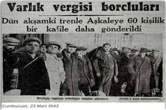 23 Mart 1943 tarihli Cumhuriyet Gazetesi, “Varlık vergisi borçluları” başlığıyla