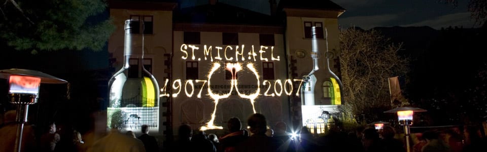 St.Michael-Eppan 100 years of this wine making cooperative, celebration event June 2007, repeated June 2008 Projections on building by Alex Rowbotham. Event organised by Stephan Gander