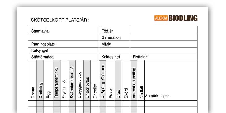 Skötselkort för biodling