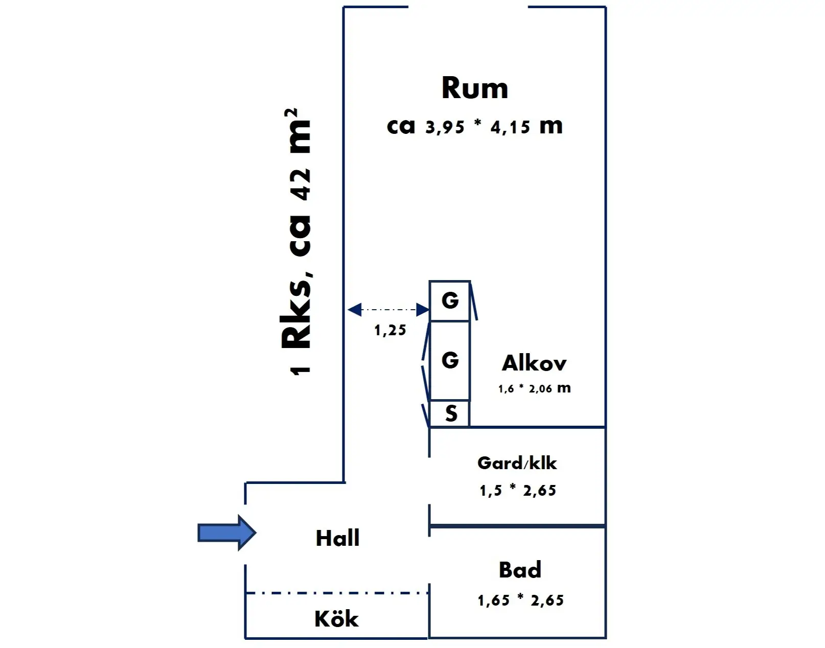 1 Rks, ca 42 kvm, planritning