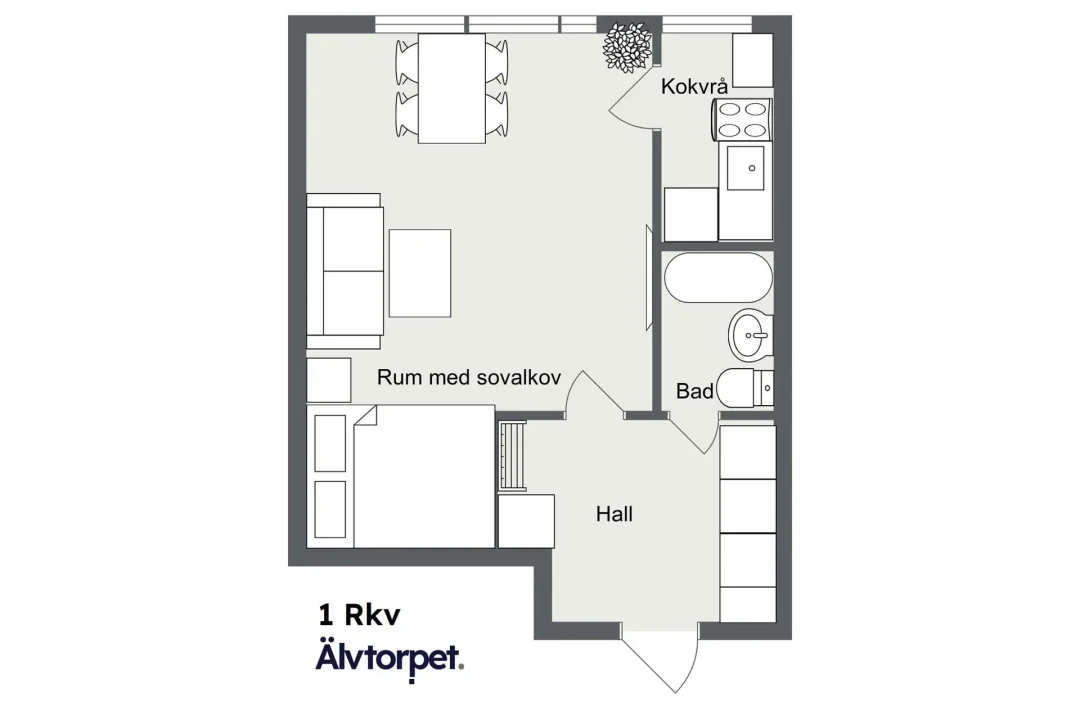 1 Rum med kokvrå på Älvtorpet i Sollefteå, planlösning