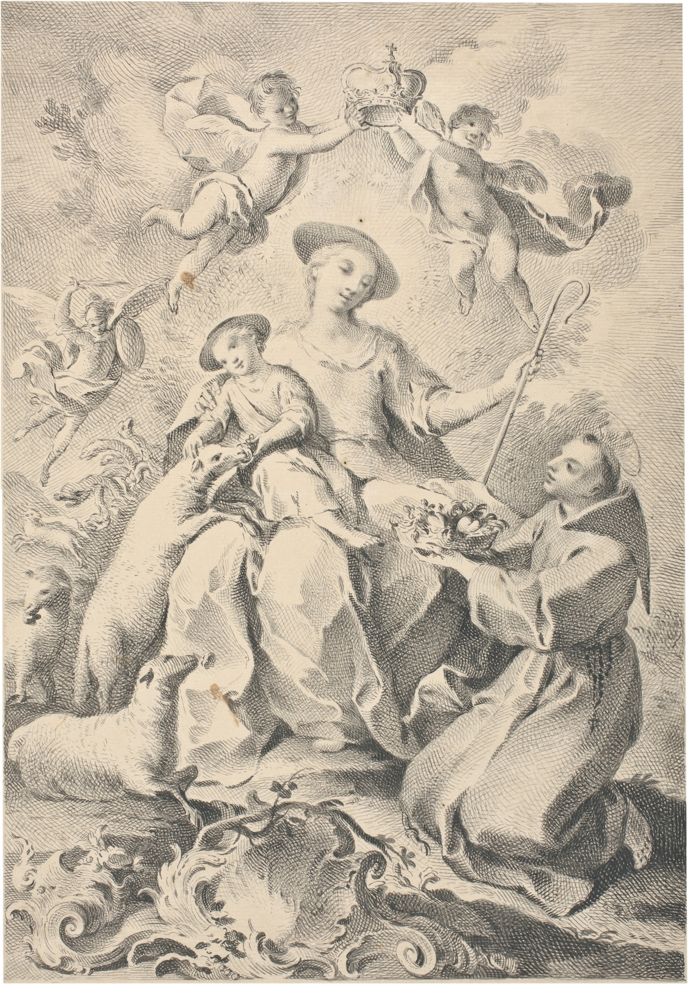 La Divina Pastora, por Manuel Bru, segunda mitad del siglo XVIII. Aguada parda, Pluma sobre papel verjurado, amarillento, 365 x 244 mm. Museo Nacional del Prado. No expuesto.