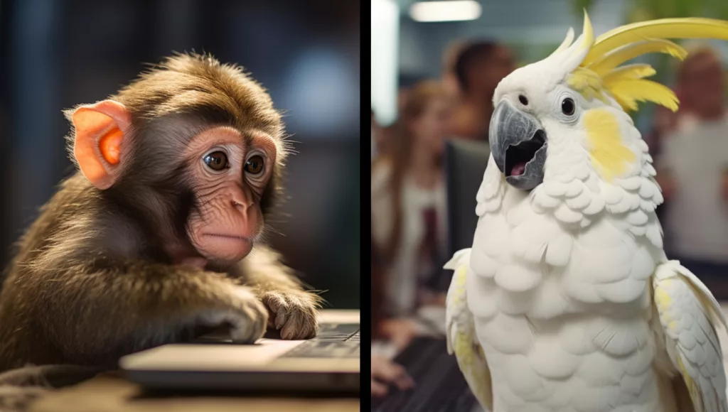 Images of a help desk Monkey and a help desk Parrot. Generated with Midjourney