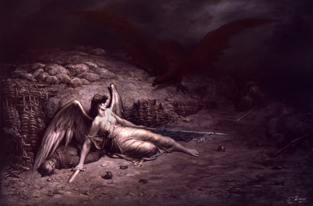 Oil painting of a wounded, female, angel lying defeated on the ground with a broken sword and a standard (war flag). She is surrounded by dead soldiers, and a huge, black, eagle is coming towards her. The woman symbolizes France, and the eagle symbolizes Prussia in the Franco-Prussian War.