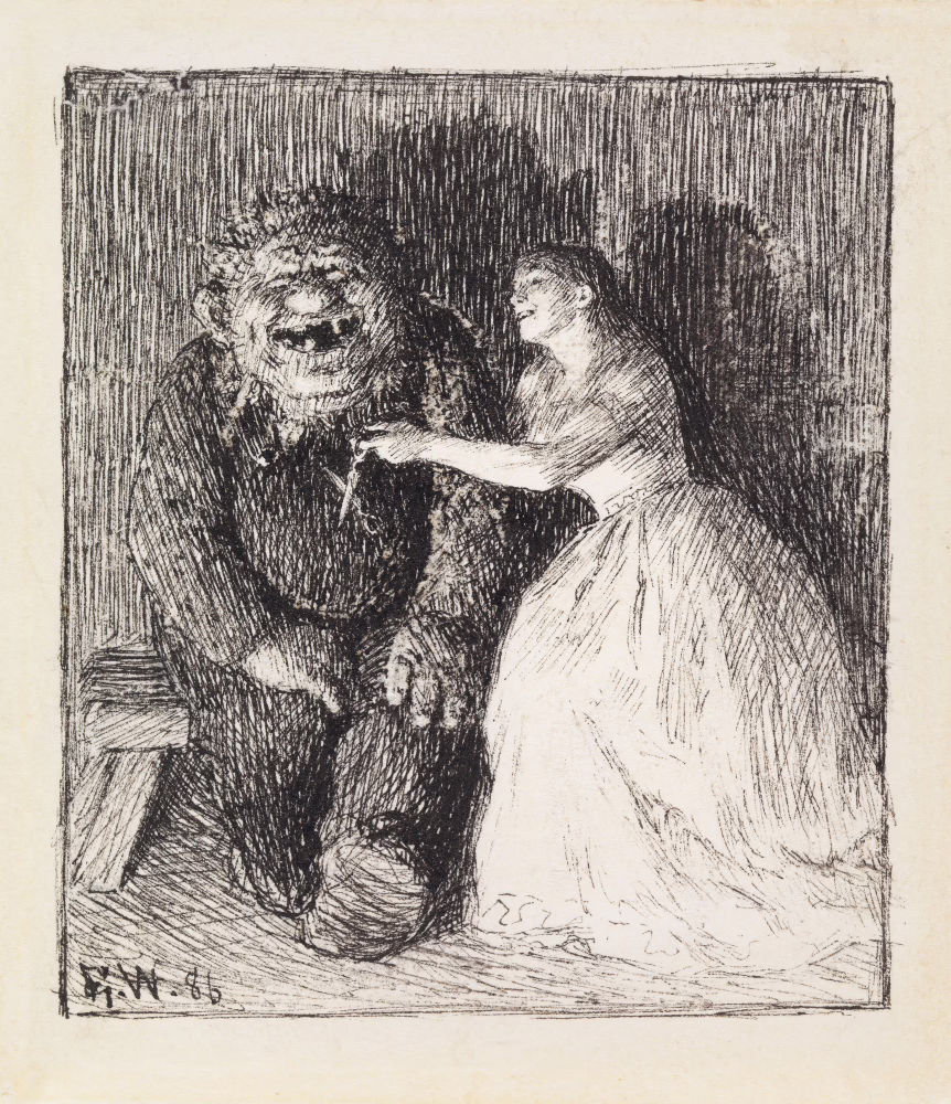 Ink illustration in black and white by Erik Werenskiold showing a troll and princess laughing together. The princess is holding a pair of scissors.