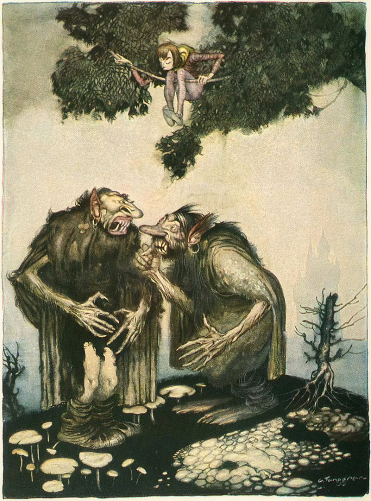Painting of a boy, or young man, sitting on a tree branch above two quarreling monsters (giants, ogres, or trolls). Around them are mushrooms, more trees, and there is a feint castle in the background. Illustration for Grimms Märchenschatz.
