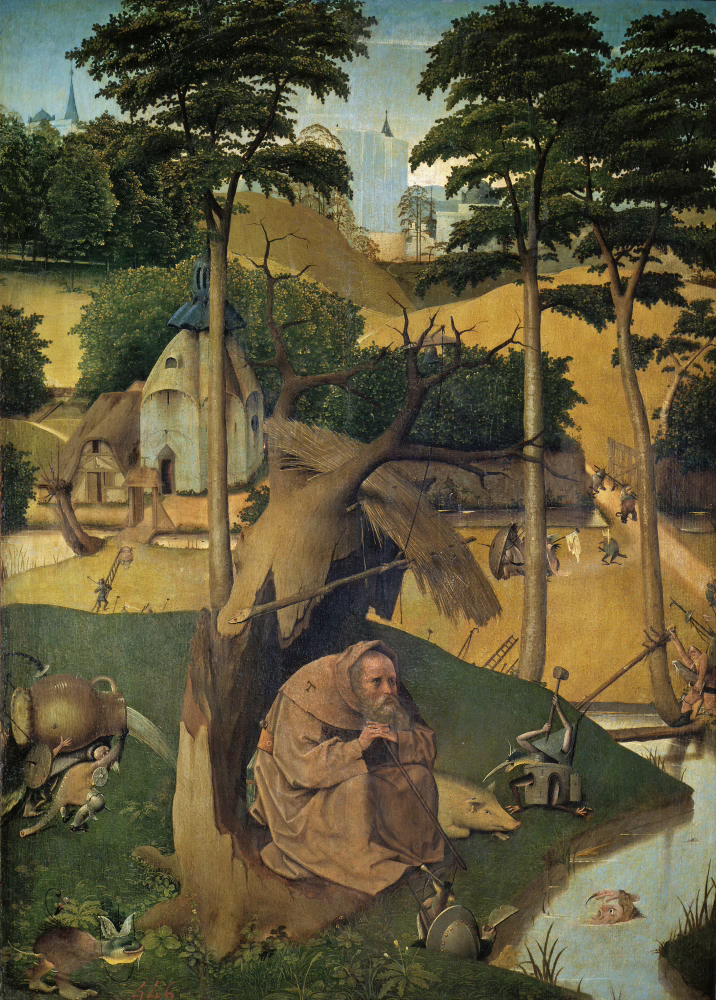 An old man with a gray beard in a brown monk's habit with the Greek letter tau inscribed on the clothing. He is sitting in a hollow tree trunk, there is a pig by his side, and he is surrounded by demons. There are trees, more demons, a road, buildings, and blue sky in the background.