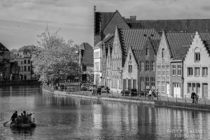 Black and white landscape of the canals in Brugge during the opening ceremony of the Triënnale, 2015
