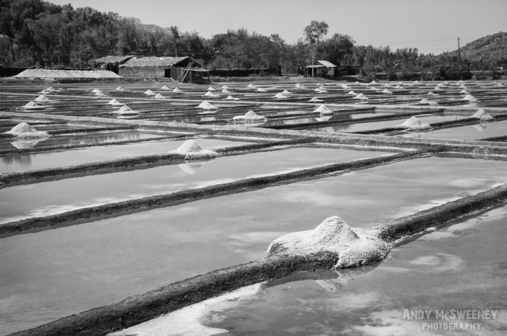 Piles of salt surrounded by water in Gokarna, South-India 2010