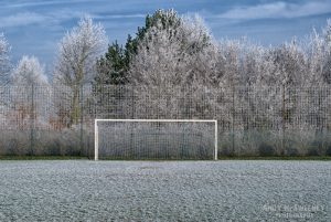 Landscape of blue skies and clouds, a football field and trees covered in frost during winter in Brugge, Belgium
