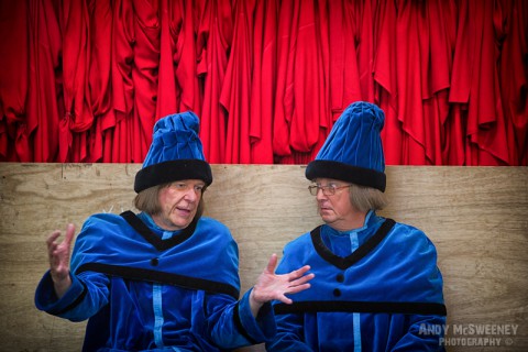 Two figurants in full costume talking at the rehearsal of the Holy Blood Procession in Brugge, Belgium 2015