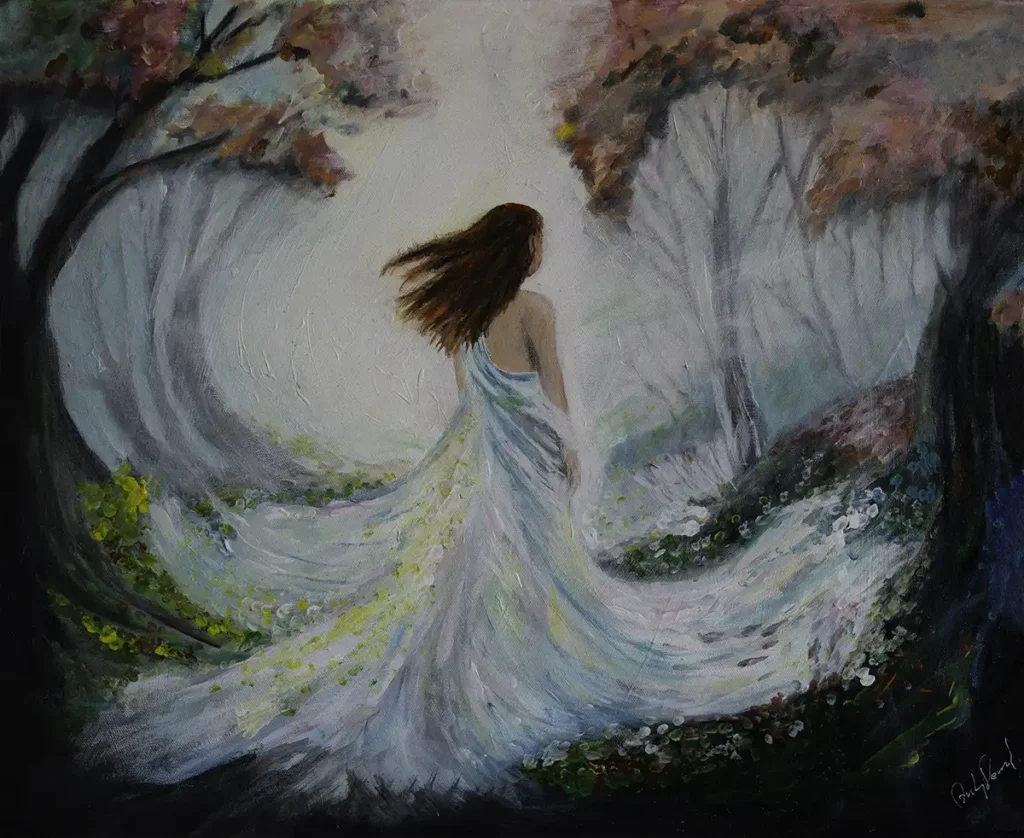 Woman in flowing white dress walking through a dreamy forest with soft light and autumn colors
