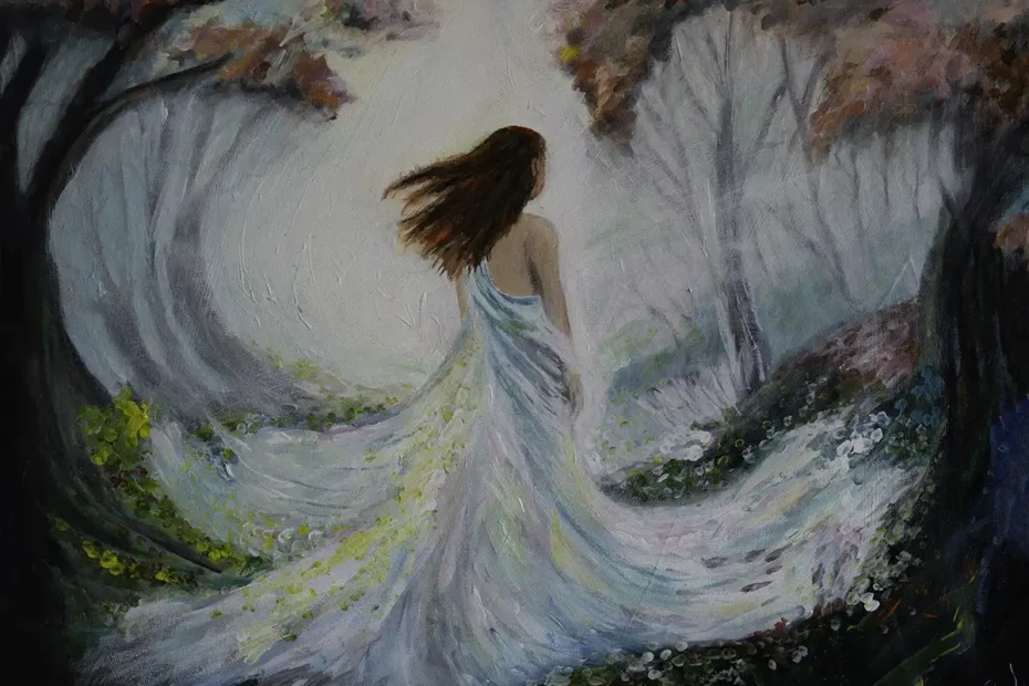 Woman in flowing white dress walking through a dreamy forest with soft light and autumn colors