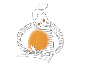 illustratie in lijn van vrouw die een oranje bal in haar armen heeft