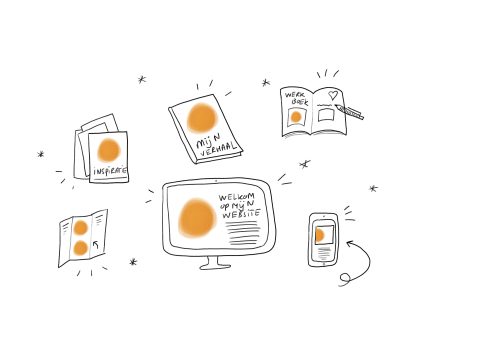 lijntekening van allerlei materialen boekjes kaarten computer en mobiele telefoon