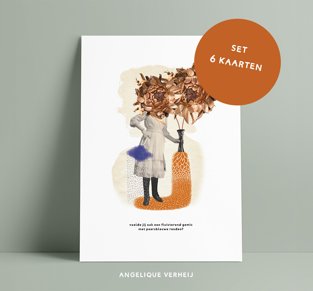 witte kaart met collage van vrouwfiguur met een bos bloemen van artisjok in haar hand.