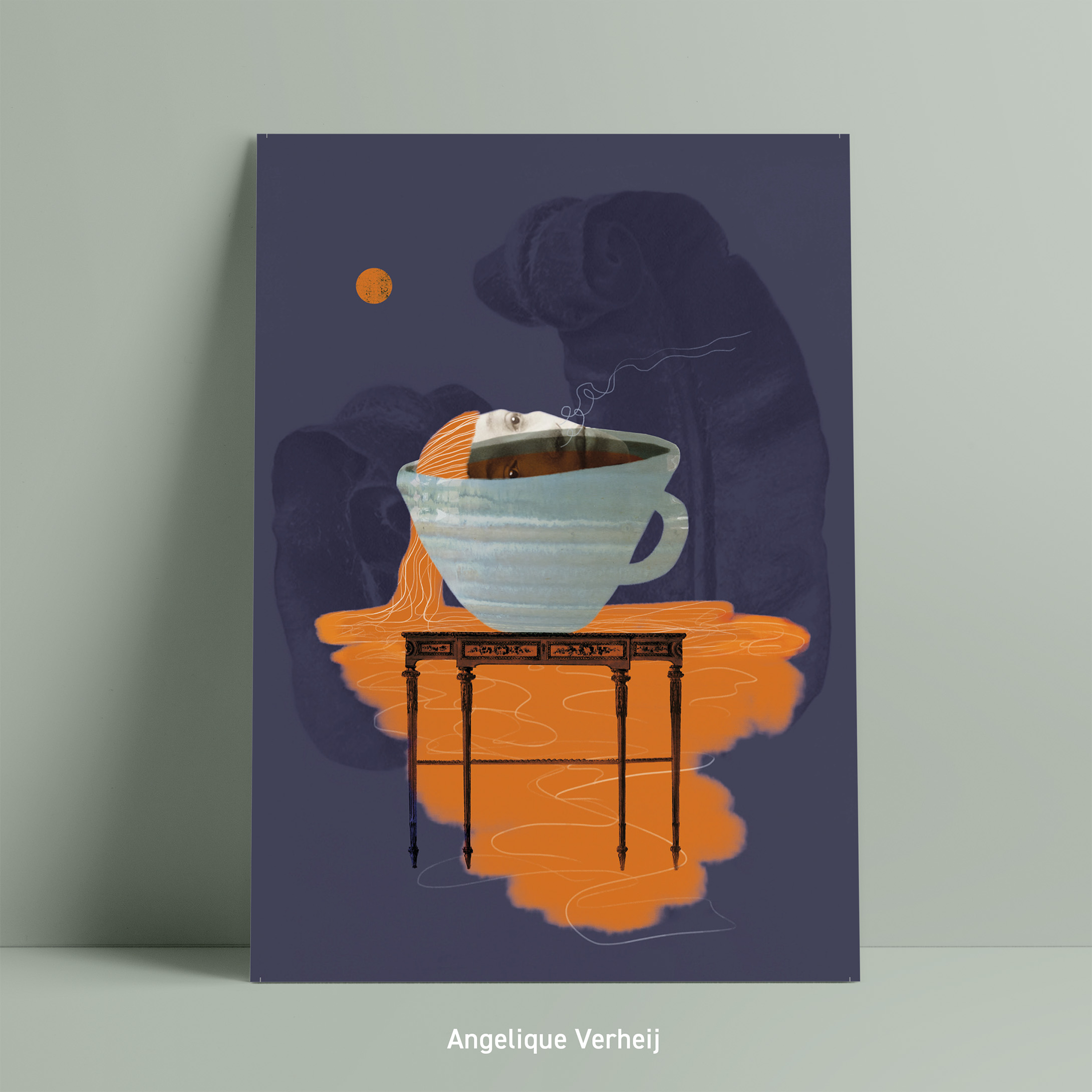 Kaart met blauw oranje collage, een koffiekop en een vrouwengezicht