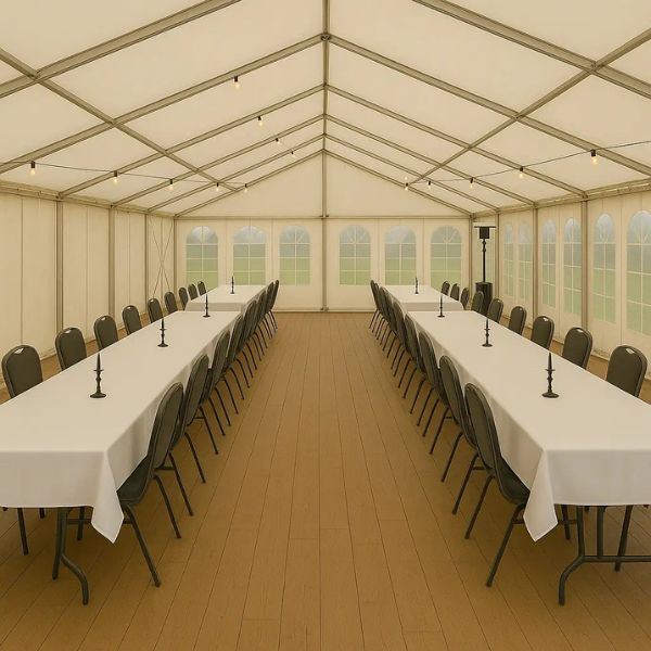 Teltudlejning Fyn med borde og stole fra Anthonys Festudlejning – teltpakke til 36-54 personer i Odense, Middelfart og Fredericia