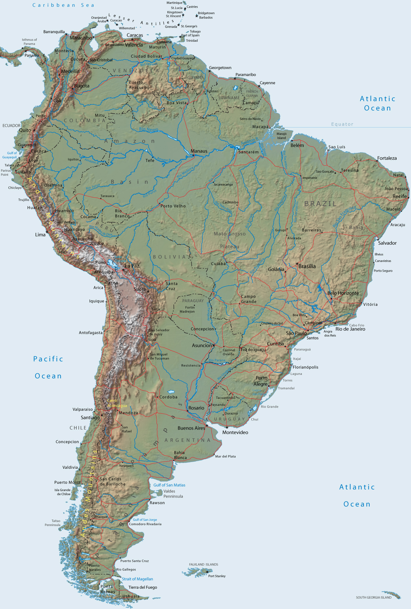 Mappa Geografica dell'America del Sud: mappa ad alta risoluzione