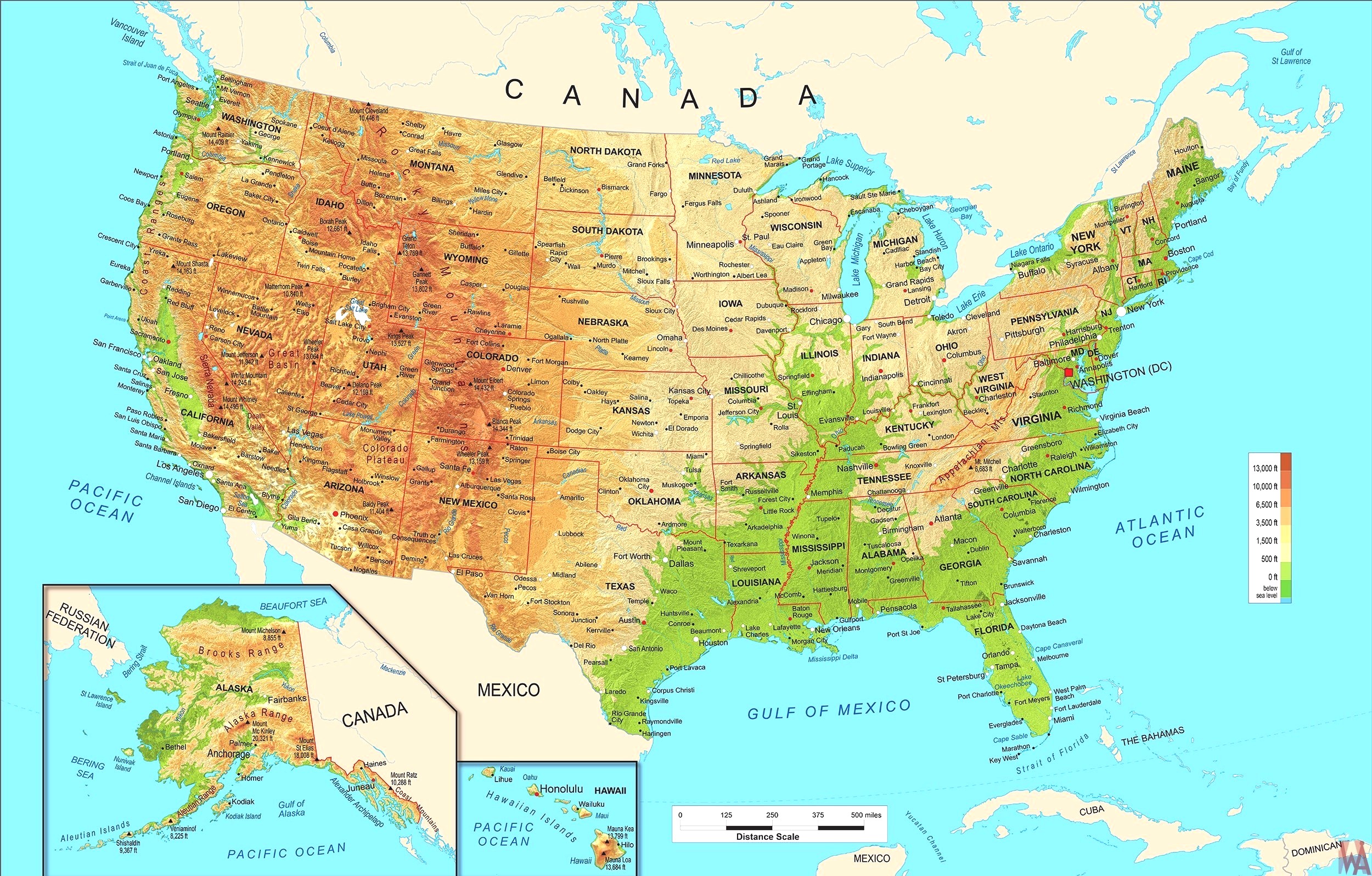 Mappa Geografica degli Stati Uniti: confini, fiumi, laghi, monti ...