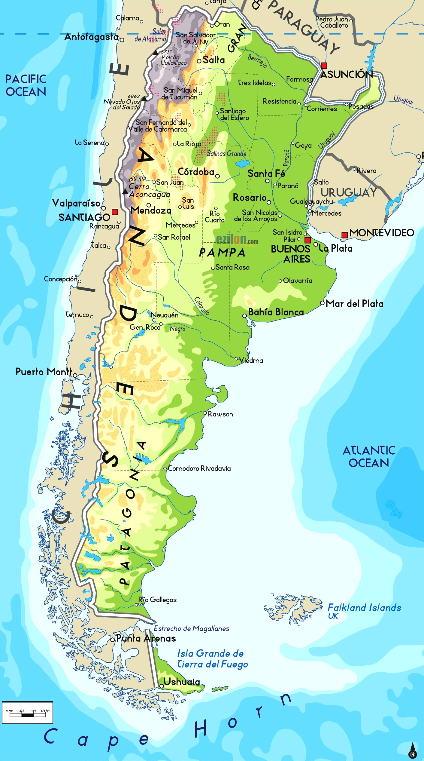 Mappa geografica dell'Argentina: Orografia, monti, fiumi, laghi e