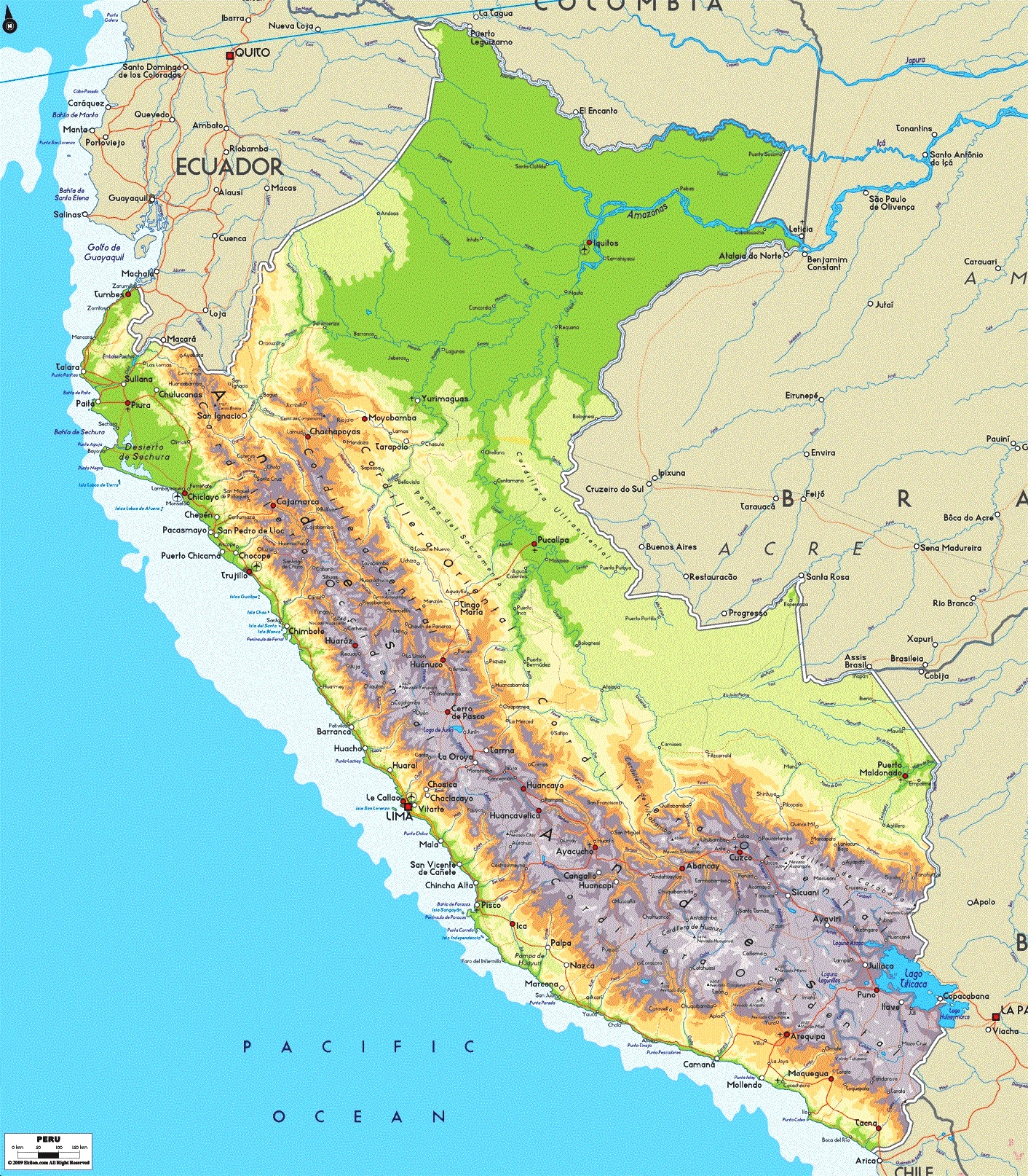 Geographic map of Peru: environment, ecology, flora, fauna